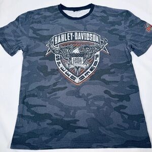 Harley Davidson Waukon Iowa Dark Grey Camo Shirt . Lightweight H/D Shield